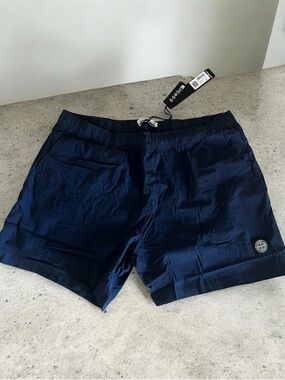 Stone Island Navy Blue Logo Swim Trunks- Large